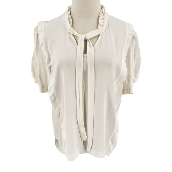 Sandro Womens Puff Sleeve Silk Top Blouse Short Sleeve Shirt Neck Tie White - Picture 1 of 12
